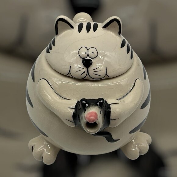 Pier 1 Imports Teapot Chubby Black & White Striped Cat Holding a Mouse as Spout - Picture 4 of 16